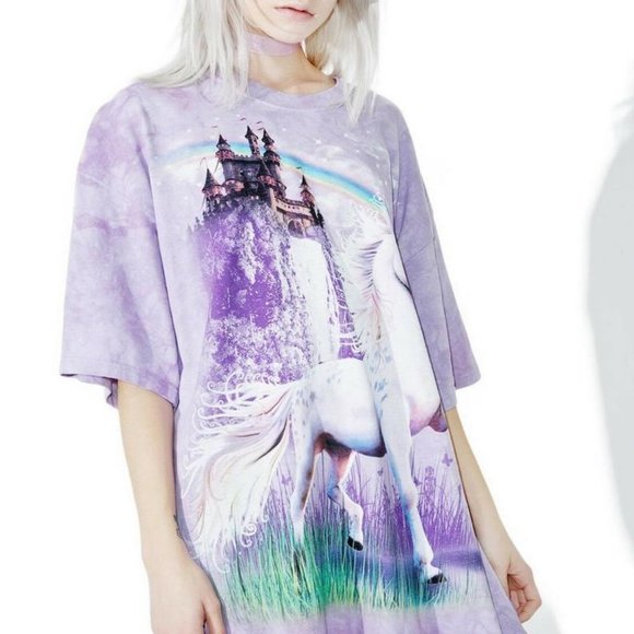 Unicorn Castle Purple Fantasy Rainbow Adult T-Shirt Mountain Horses Animal S-3X - Picture 4 of 7